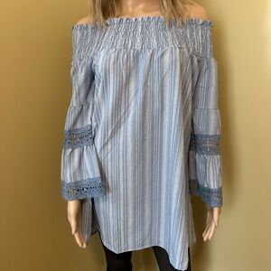 Blue Off-Shoulder Women's Top Bell Sleeve Embroidered Boho